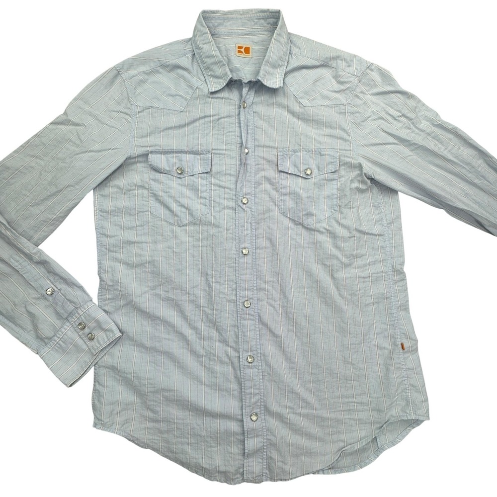 Boss Orange Shirt Mens Large Blue Striped Western Pearl Snap Pocket Casual